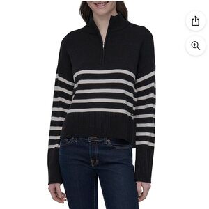 DKNY Striped Half-Zip Mock Neck Sweater Black & White Medium